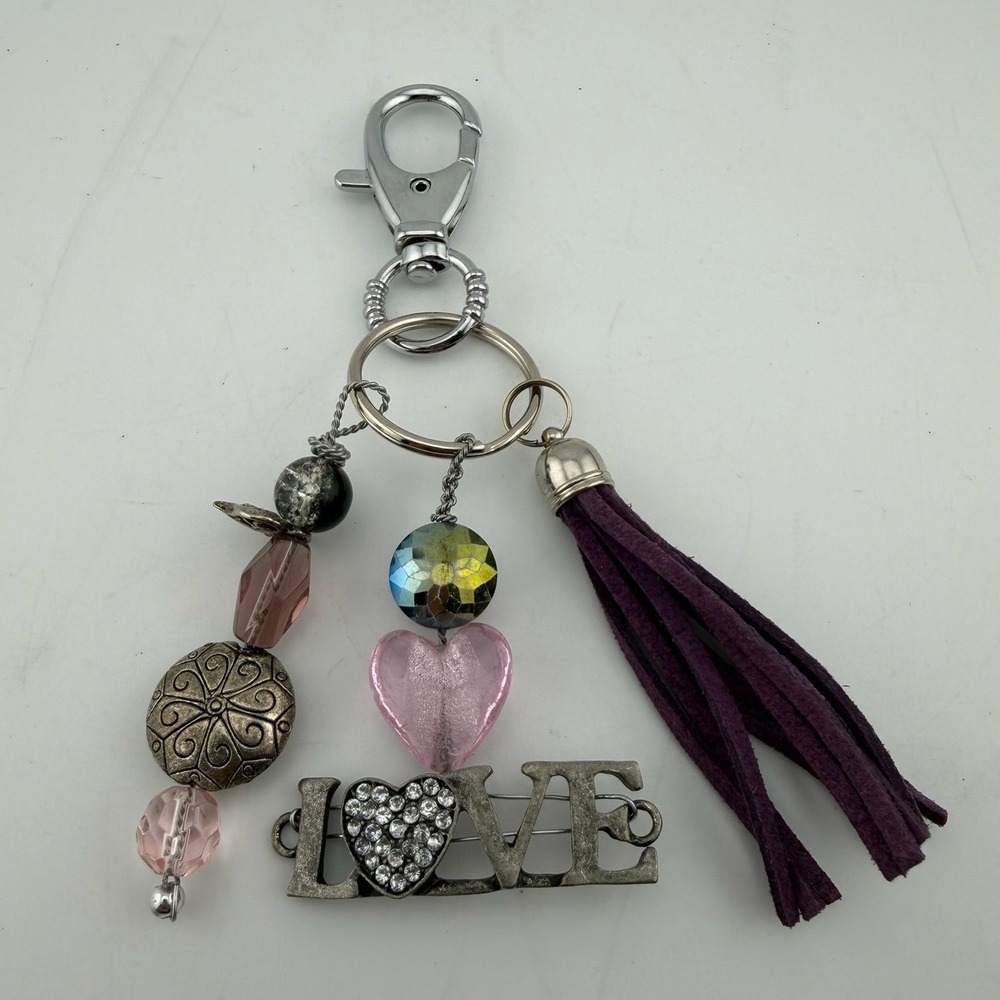 Handmade Keychain Purse Charm Keychain Purple Love Heart Tassel Rhinestone